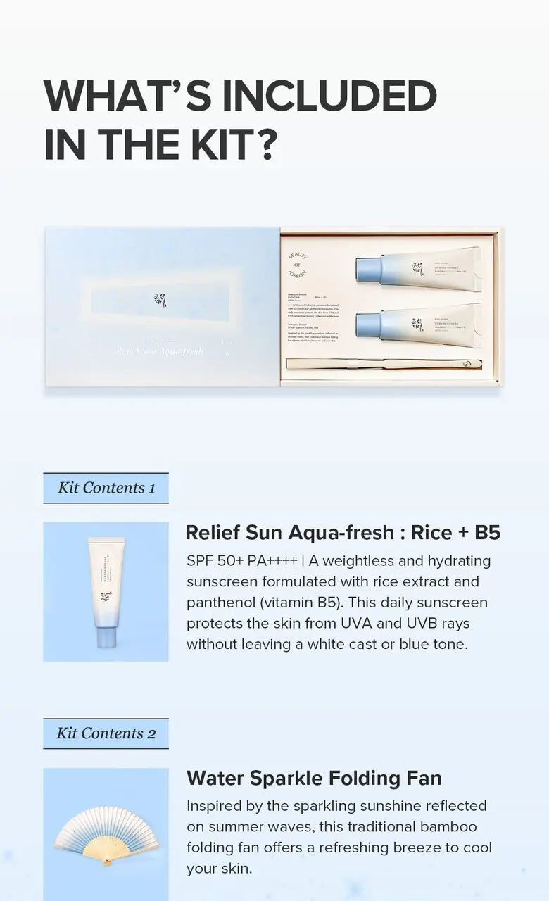 Beauty of Joseon Relief Sun Aqua-fresh Rice+B5 (SPF50+ PA++++) Special Edition Set (50ml+50ml+fan) Beauty of Joseon JOLIE'S